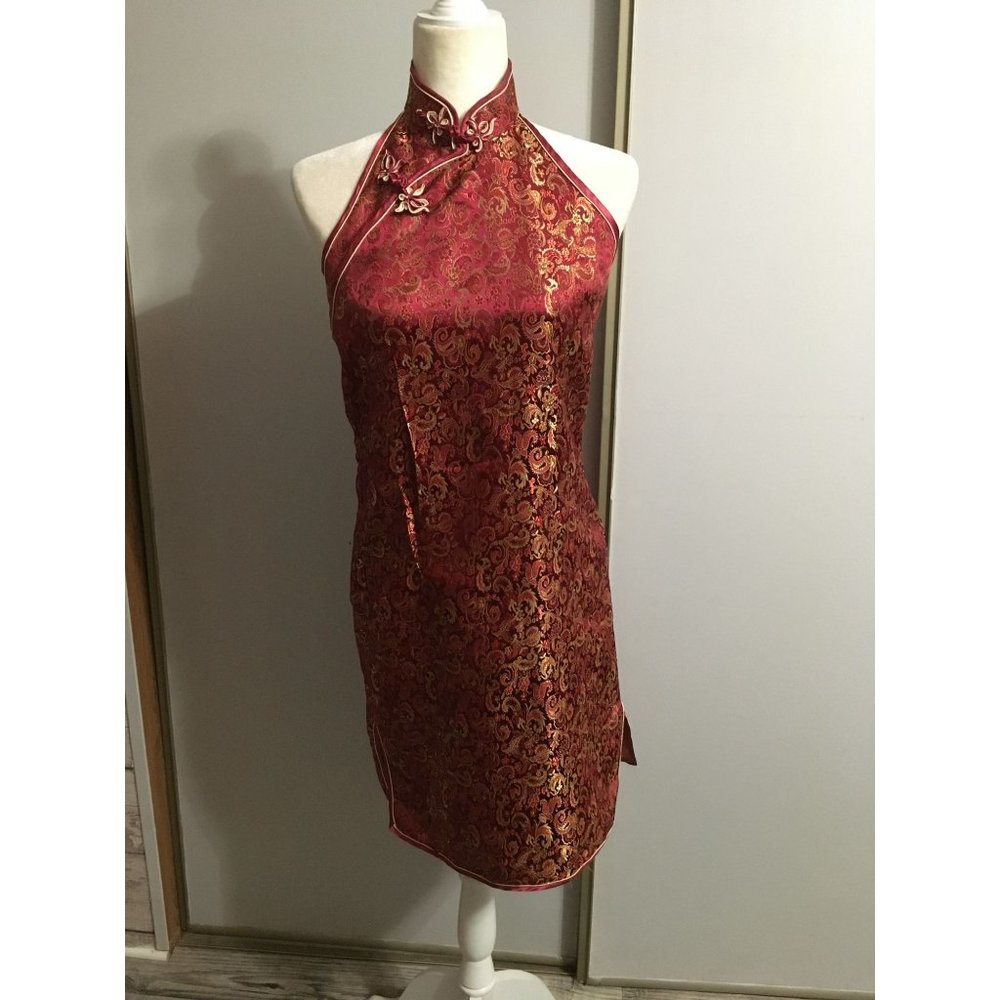 Da Hwa Red Medium Silk Asian Style Halter Occasion Dress